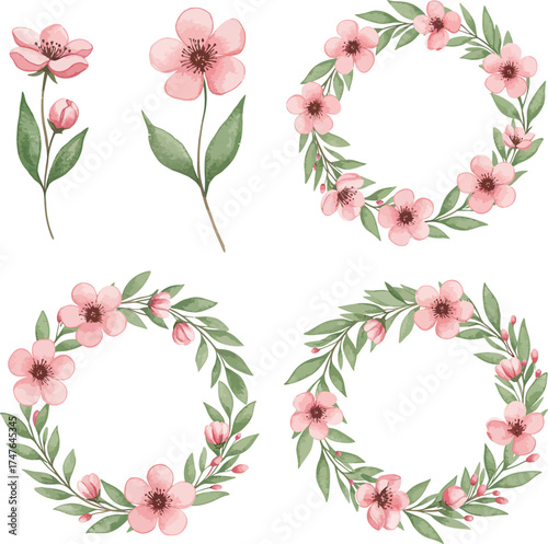 Delicate pink floral wreaths and sprigs watercolor style decorative elements