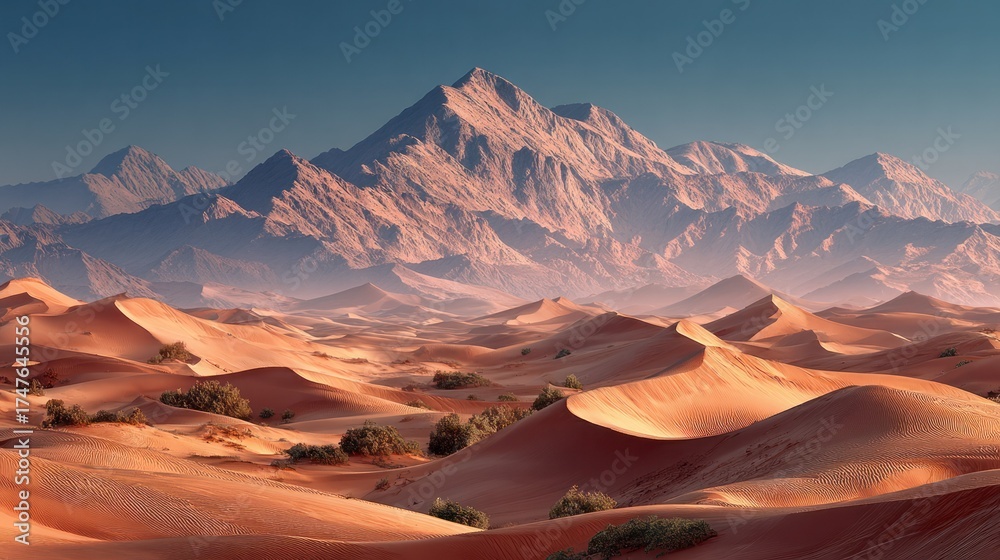 Fototapeta premium Breathtaking panoramic view of vast desert dunes with towe snow-capped mountains in the distance under a clear blue sky du sunset