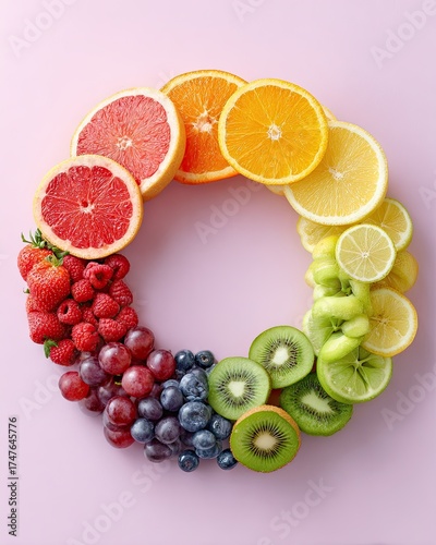 Vibrant Fruit Circle on Pink Background Showcasing Fresh Variety