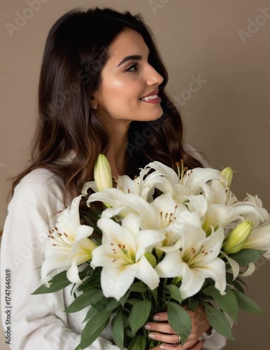 Smiling woman holding white lily flowers indoor with natural light