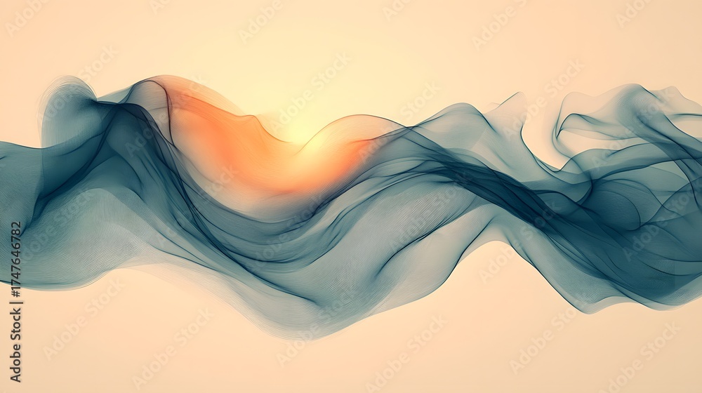 Fototapeta premium Ethereal abstract art featuring flowing dark blue lines resembling translucent fabric against a light backdrop. Peach hues add warmth. Ideal for modern designs. Abstract Background Trend