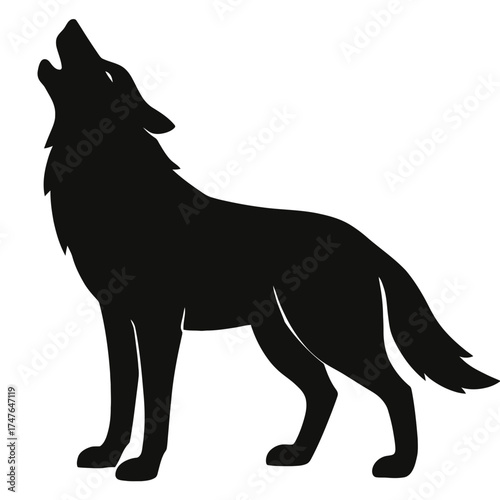 Flat 2D vector illustration of howling wolf silhouette, black wild animal shape isolated on white background, minimal clean design perfect for wildlife, nature, or logo use.