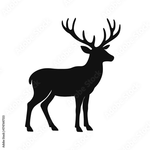 Flat 2D vector of deer silhouette standing side view, black shape with large antlers, isolated on white background, elegant minimal design for nature, wildlife, or logo use.