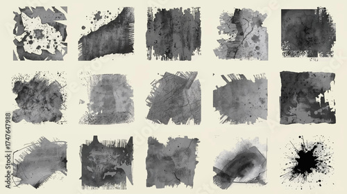 A collection of abstract watercolor textures in shades of gray, perfect for adding artistic elements to digital designs and creative projects.