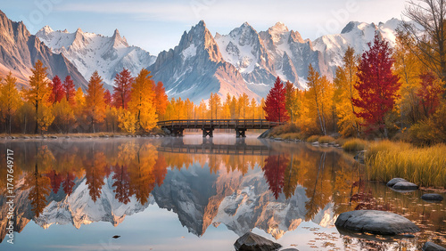 a serene  autumn landscape, a wooden bridge  over calm lake surrounded by red, yellow, orange leaves with rocky mountain in the backgrounds