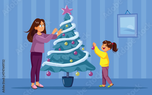 Mother and Daughter Decorating a Christmas Tree Vector Illustration. Happy family celebrating the winter holidays in a warm festive atmosphere