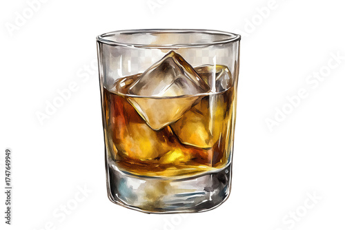 Highball glass filled with whiskey on ice floating in a calm pool of water reflecting light in a serene outdoor setting at sunset