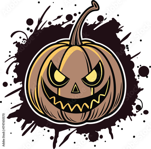 Vector art of spooky halloween pumpkin with a scary face carved into it, set against a dark, splattered background