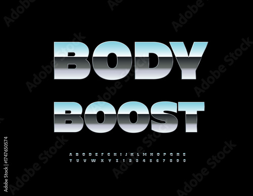 Vector Silver logotype Body Boost. Bold Metallic Uppercase Font. Reflective Steel Alphabet Letters and Numbers set