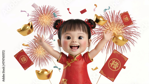 Cheerful Girl Celebrating Lunar New Year Surrounded by Gold Ingots and Red Envelopes