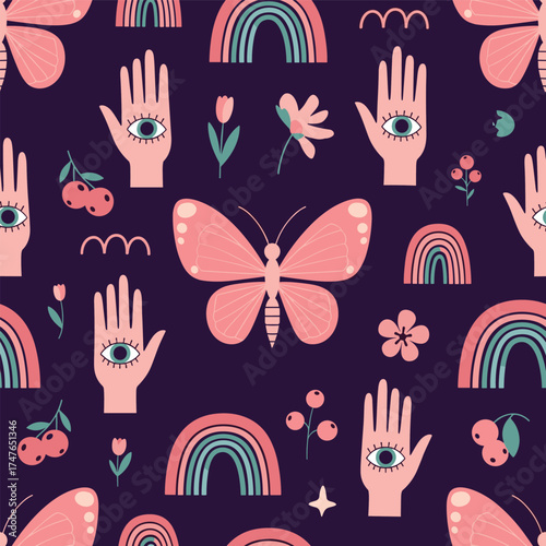 A mystical and whimsical pattern featuring enchanted hands rainbows butterflies and celestial elements.
