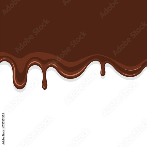 Delicious melted dark chocolate flowing down in smooth waves with drips on a white background.