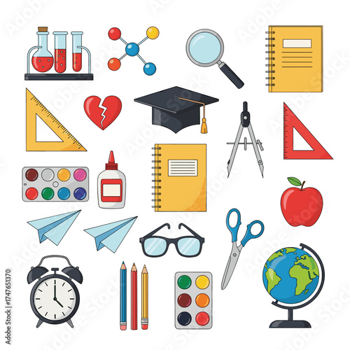 A collection of school supplies and scientific equipment for educational purposes