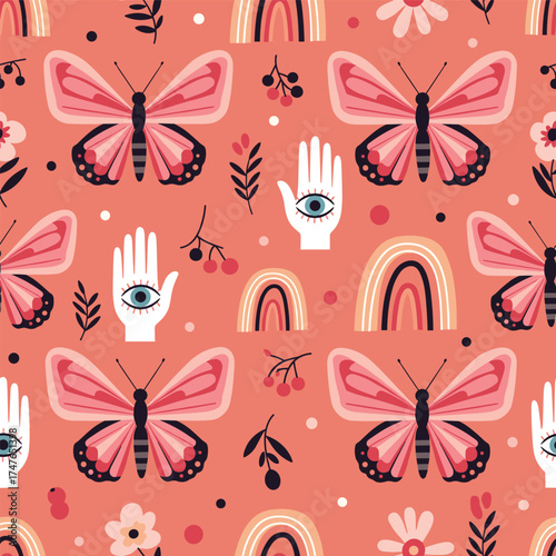 Whimsical seamless pattern featuring butterflies rainbows and mystic hand symbols.