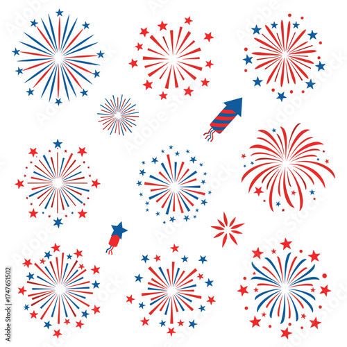 Festive red and blue fireworks bursting in the night sky with celebratory rockets.