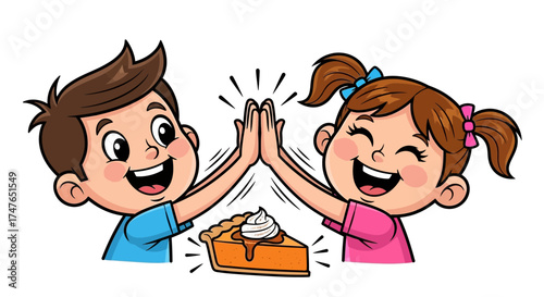 Smiling kids celebrate achievement with an enthusiastic high-five and sweet pumpkin pie illustration