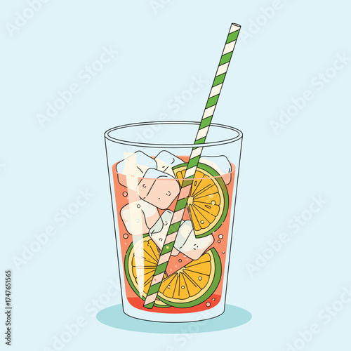A refreshing tall glass filled with ice cubes citrus slices and a striped straw.