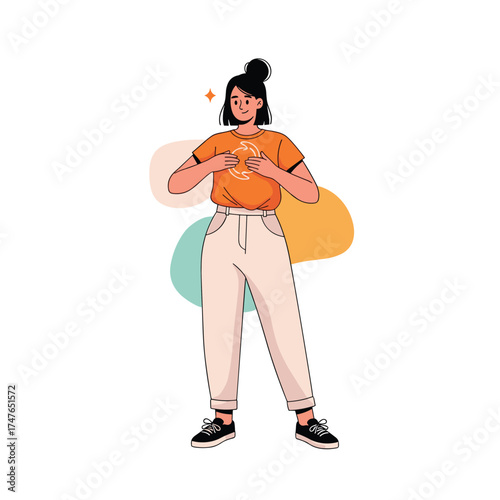 A woman stands with her hands over her chest in a pose of self-assurance and inner peace.