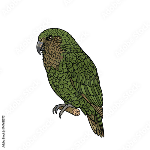 A detailed illustration of a kākā a New Zealand native parrot perched on a branch.