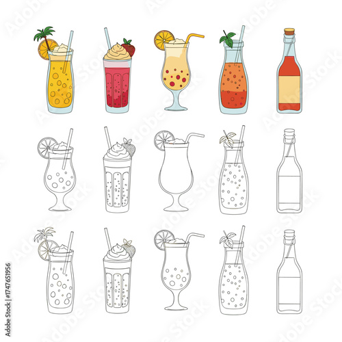 A collection of colorful alcoholic and non-alcoholic beverages with garnishes.