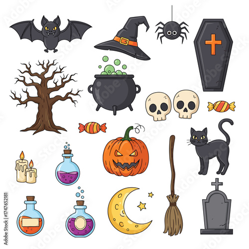 Collection of spooky halloween icons and symbols for your designs.