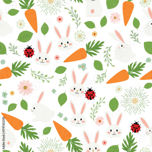 A charming spring pattern featuring cute bunnies and carrots with ladybugs and flowers.