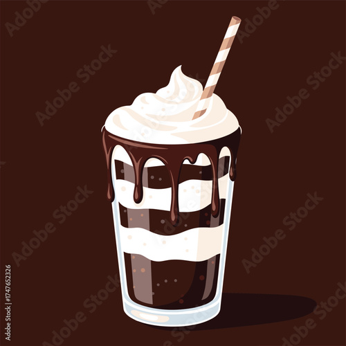 A decadent chocolate milkshake layered with whipped cream and drizzled with chocolate sauce.