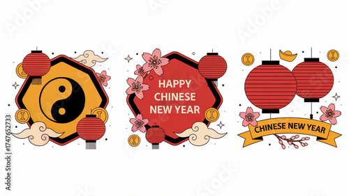 Chinese New Year Illustration with Lanterns, Blossoms, and Auspicious Symbols for Lunar Celebration