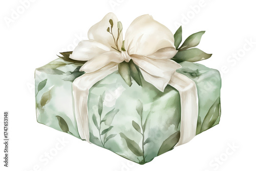 Delicately wrapped wedding bomboniere in soft green with floral design and elegant white bow