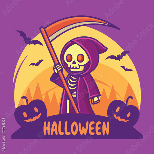 Vector art of cute cartoon grim reaper character with scythe and pumpkins, celebrating halloween with bats and a large moon in the background