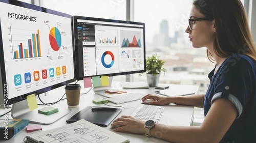 Woman Working with Data Charts on Computer Screens in Office