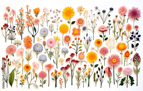 vibrant collection of diverse and colorful flowers. Each bloom is presented in intricate detail, capturing the essence of spring's exquisite beauty.