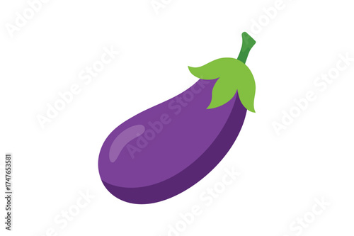 Vibrant purple eggplant vegetable with green stem isolated on white background