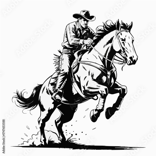 Highly Detailed Full-Body Illustration of a Cowboy Riding a Bucking Rodeo Horse in Intense Mid-Action Pose