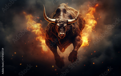 powerful bull charges forward, emerging from a dramatic display of fire and smoke. The animal is a symbol of raw strength and determination.