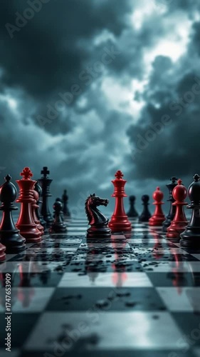 Chess pieces on a board under dramatic sky and moody lighting