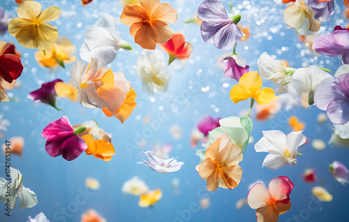 Delicate petals dance on the surface of the water, capturing a moment of ephemeral beauty. The light playfully interacts with the vibrant colors of the floating flora.