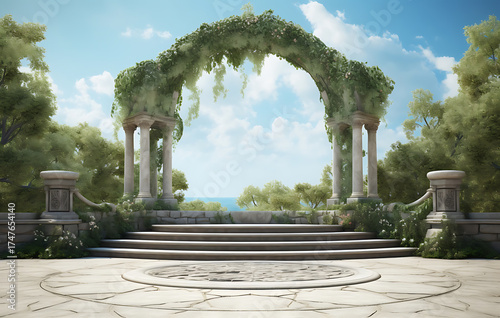 A serene stone stage, harmoniously integrated within a picturesque woodland garden, gracefully embraced by a natural archway. A blend of nature's beauty and human design.