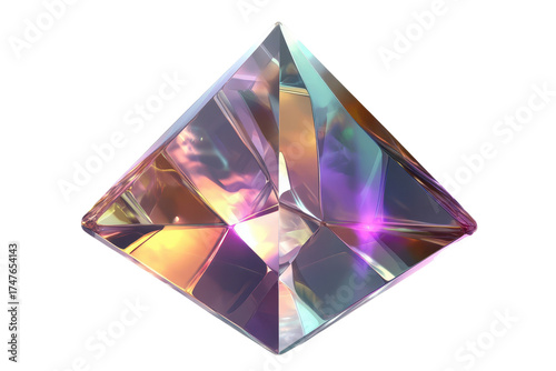 Prismatic levitating crystalline pyramid glowing with vibrant colors in a serene setting, reflecting light beautifully during a calm day