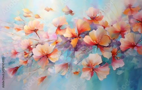 Delicate petals dance on the surface of the water, capturing a moment of ephemeral beauty. The light playfully interacts with the vibrant colors of the floating flora.