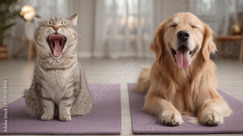 Pets relaxing on yoga mats during leisure time