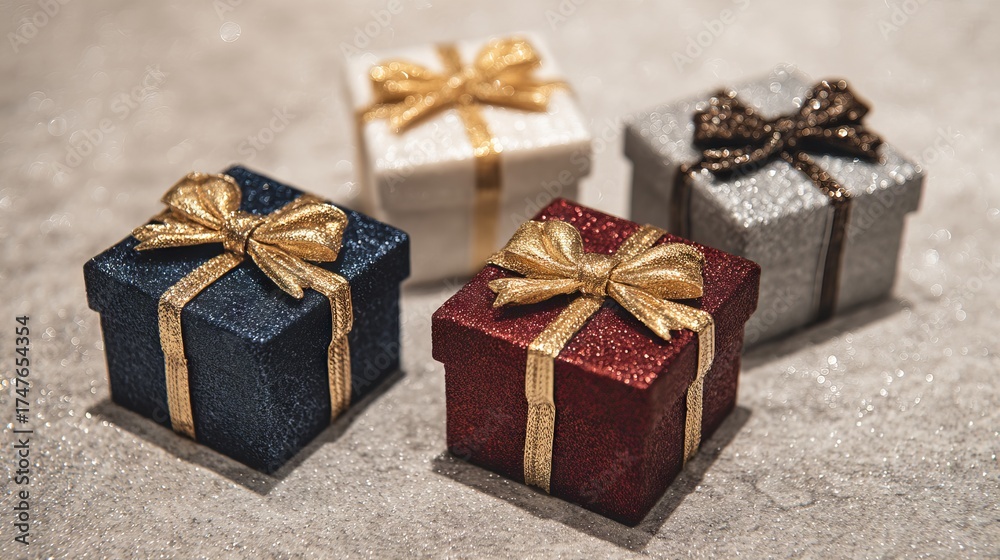 Obraz premium Four colorful gift boxes in a square wrapped in shiny paper with bows festive display for holidays birthdays weddings greeting cards social media with copy space and product mockup backgrounds