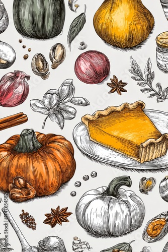 Autumn harvest pumpkins and pie seamless pattern