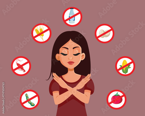 Woman Staying Away from food Allergens Vector illustration. Allergic patient staying away from certain food following a restrictive diet