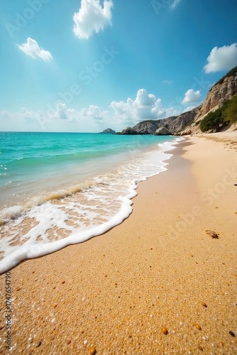 Sun-Kissed Shoreline Fine Sand Glistening Under Summer Sun, Gentle Waves Lap the Shore, Ideal for Travel and Nature Photography