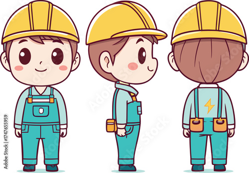Charming Cartoon Electrician Character Design in Hard Hat - Full View Set