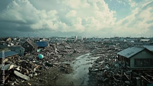 Aerial view of a devastated landscape after a natural disaster.