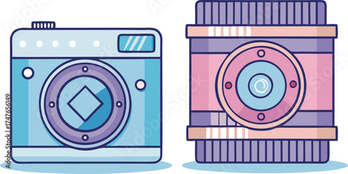 Stylish Camera and Lens Icons in Pastel Colors for Photography Designs