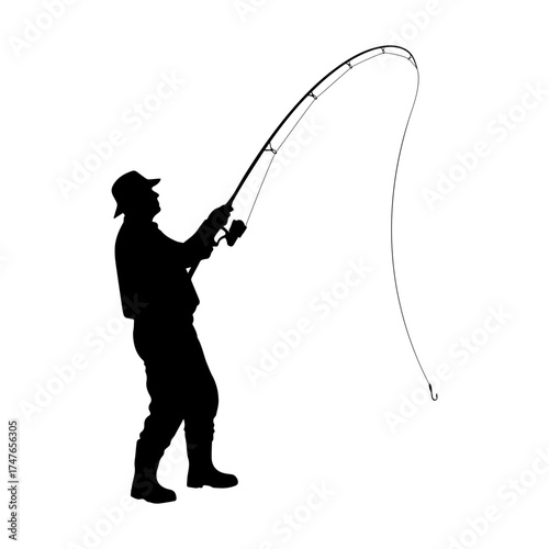 Silhouette of fisherman casting fishing rod in standing position