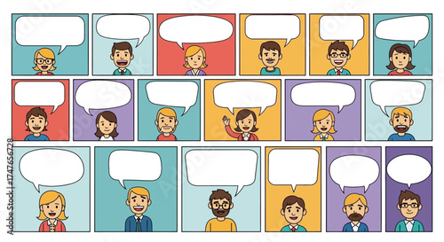 Dynamic storyboard featuring diverse characters with speech bubbles for comic creation